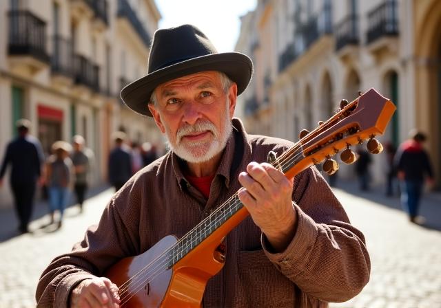 Musicista locale che suona uno strumento tradizionale in una piazza storica