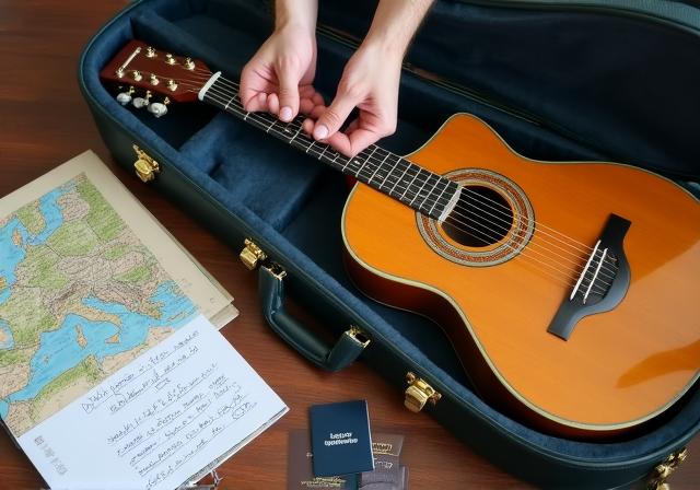 Musicista che prepara la custodia della chitarra per un viaggio all'estero