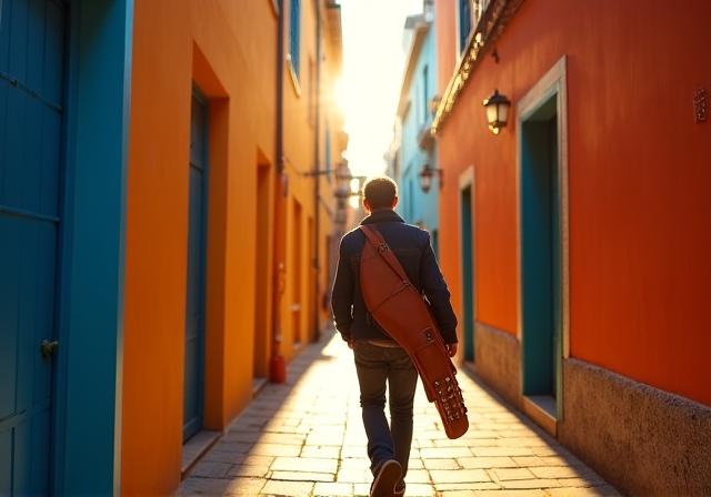 Un musicista che si prepara per un viaggio con una chitarra in spalla
